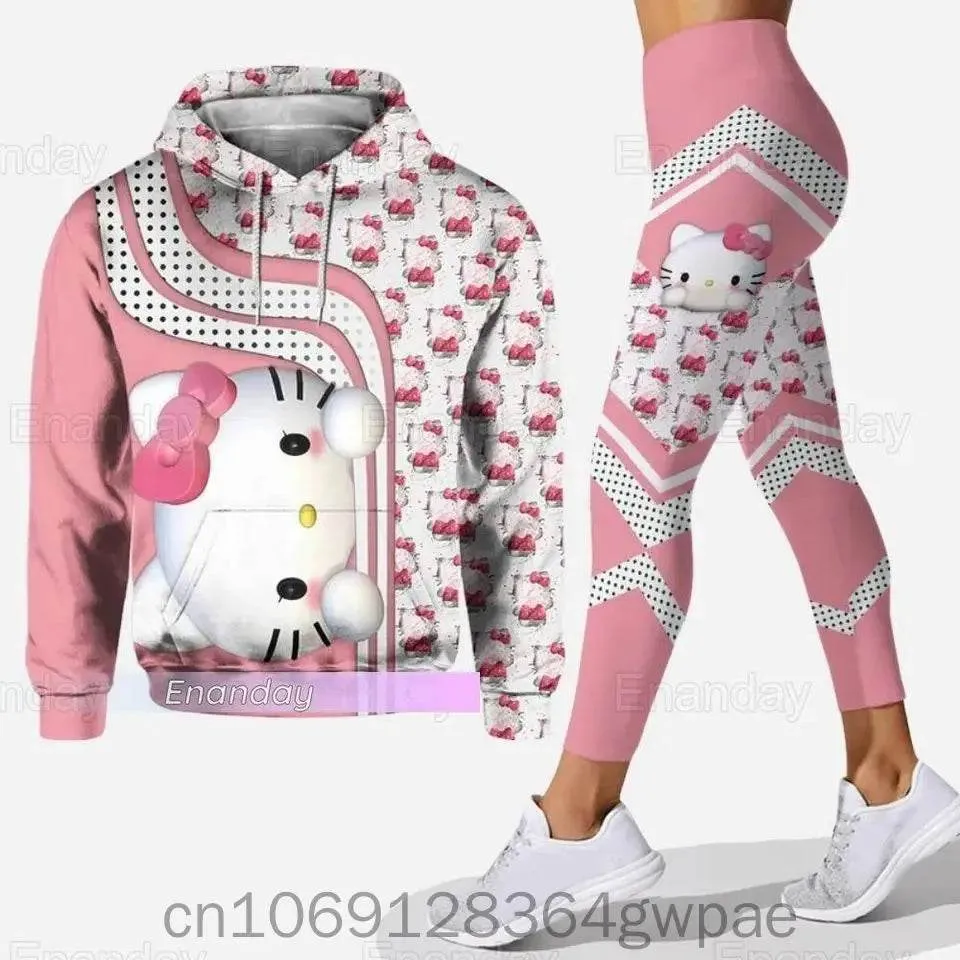 Kitty 3D Women's Hoodie and Leggings Suit Cute Hello Kitty Yoga Pants Sweatpants Fashion Sports Suit Set