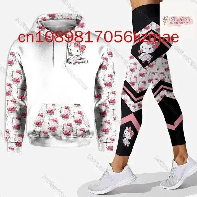 Kitty 3D Women's Hoodie and Leggings Suit Cute Hello Kitty Yoga Pants Sweatpants Fashion Sports Suit Set