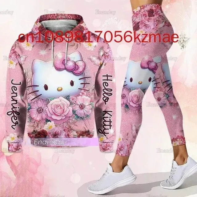 Kitty 3D Women's Hoodie and Leggings Suit Cute Hello Kitty Yoga Pants Sweatpants Fashion Sports Suit Set