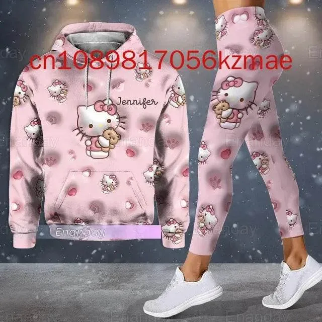 Kitty 3D Women's Hoodie and Leggings Suit Cute Hello Kitty Yoga Pants Sweatpants Fashion Sports Suit Set