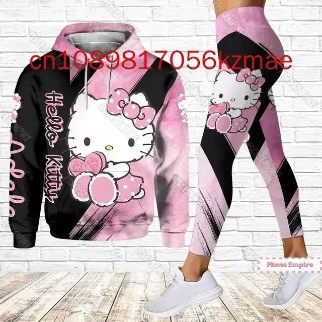 Kitty 3D Women's Hoodie and Leggings Suit Cute Hello Kitty Yoga Pants Sweatpants Fashion Sports Suit Set