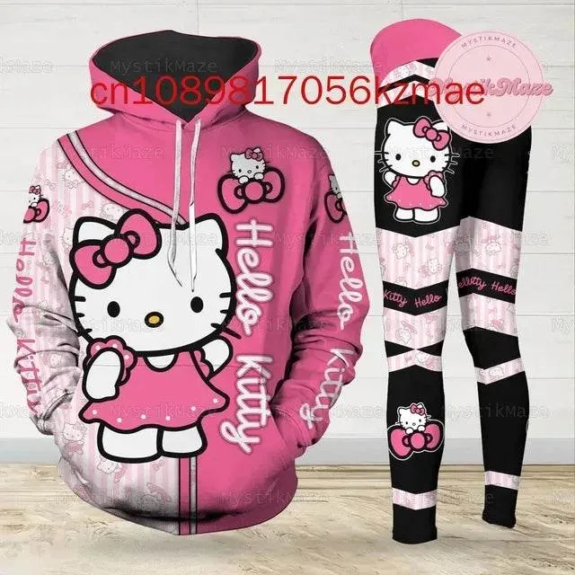 Kitty 3D Women's Hoodie and Leggings Suit Cute Hello Kitty Yoga Pants Sweatpants Fashion Sports Suit Set