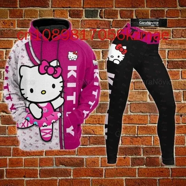Kitty 3D Women's Hoodie and Leggings Suit Cute Hello Kitty Yoga Pants Sweatpants Fashion Sports Suit Set