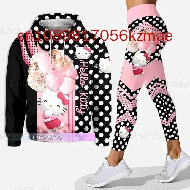 Kitty 3D Women's Hoodie and Leggings Suit Cute Hello Kitty Yoga Pants Sweatpants Fashion Sports Suit Set