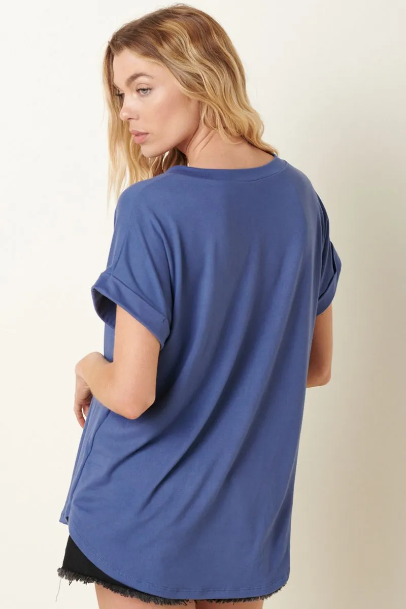Krista V-Neck Pocket Dolman Knit Top-Denim