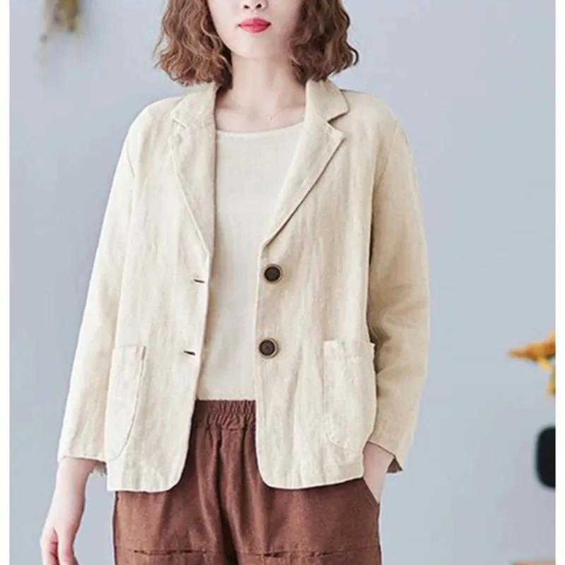 Ladies Cotton Linen Blazer Outerwear Korean Female Short Long Sleeved Suit Coat Spring Autumn Women Loose Fitting Blazer Jacket