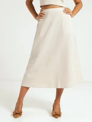 Linen A Line Midi Skirt - Oatmeal
