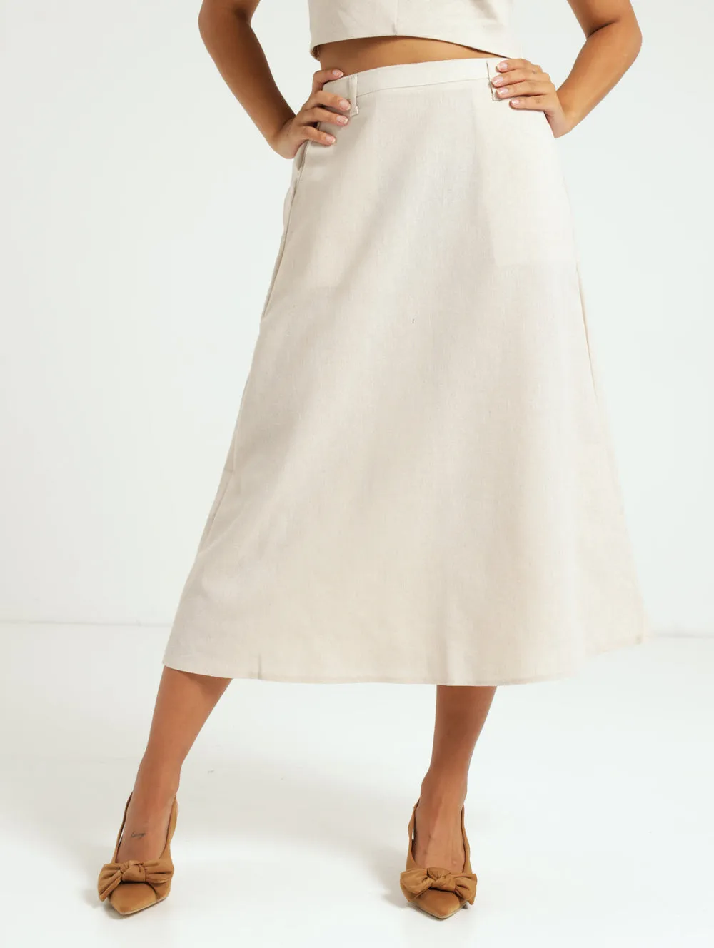 Linen A Line Midi Skirt - Oatmeal