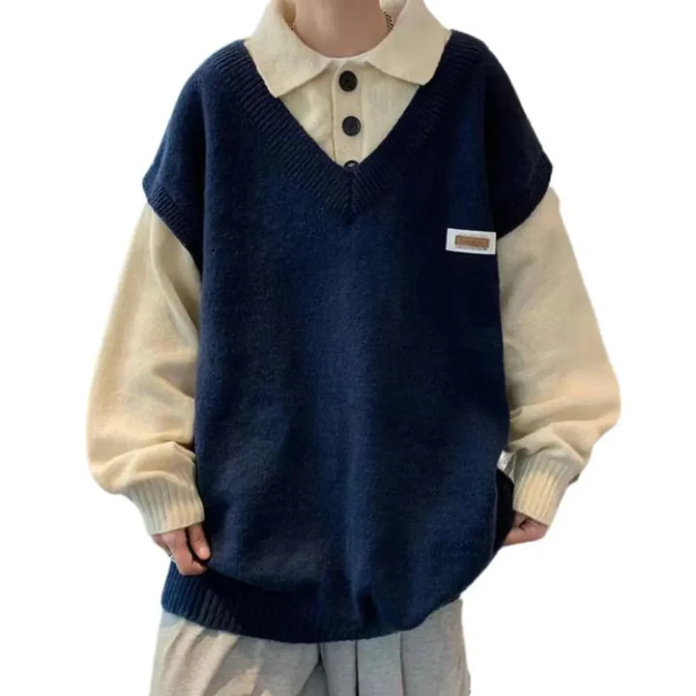 Literary Fake Two-piece Polo Collar Sweater
