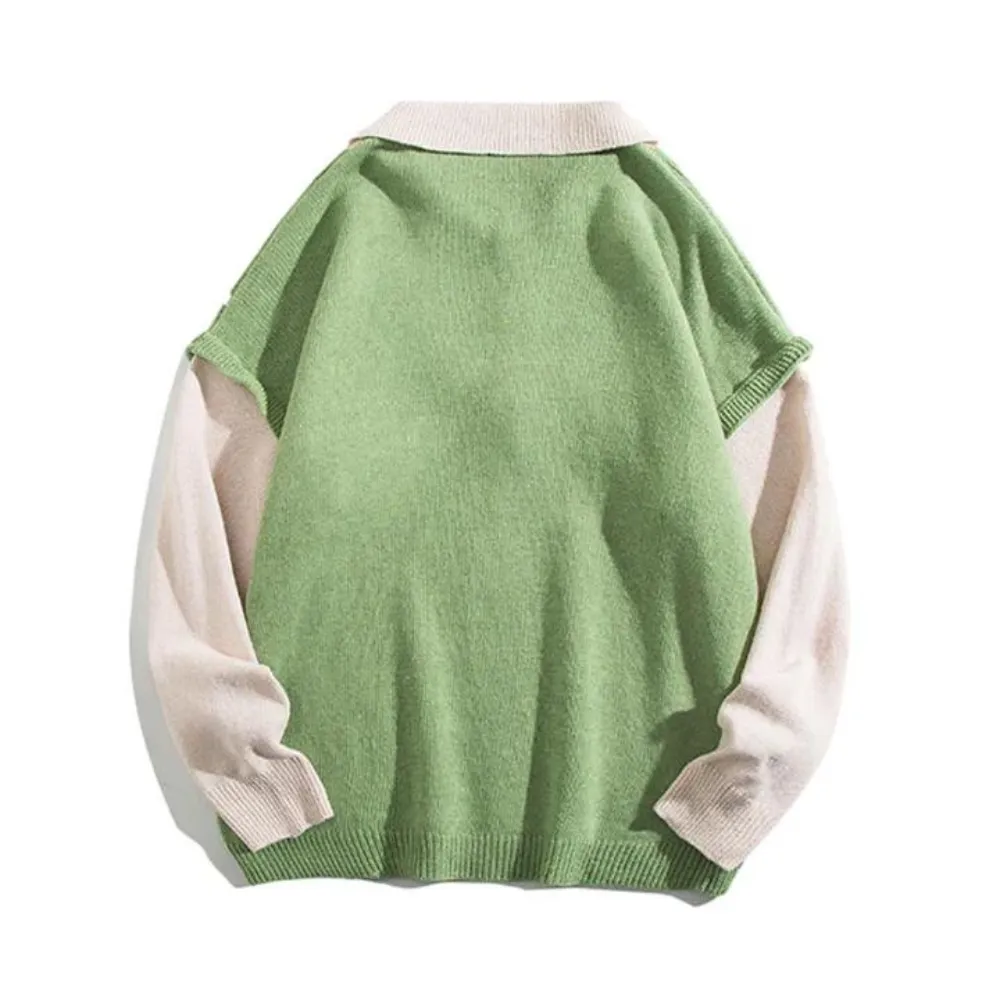 Literary Fake Two-piece Polo Collar Sweater
