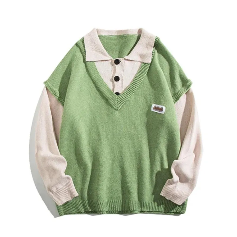 Literary Fake Two-piece Polo Collar Sweater