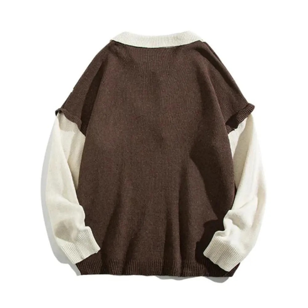 Literary Fake Two-piece Polo Collar Sweater