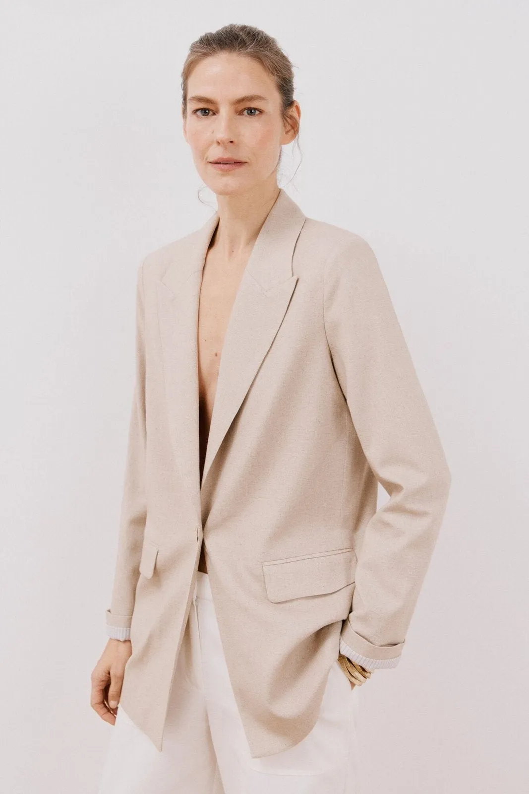 Long Blazer With Linen - Sand