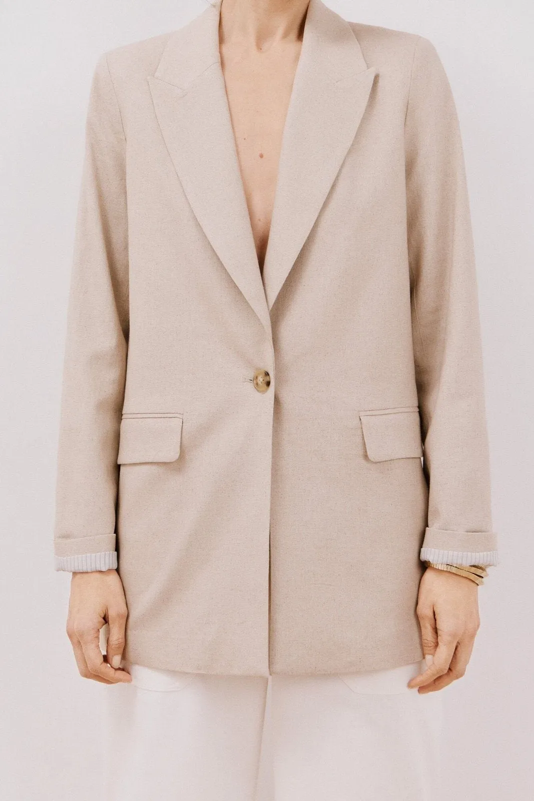 Long Blazer With Linen - Sand