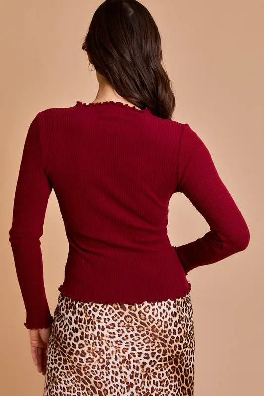 Long Sleeve Lettuce Hem Mock Neck Top