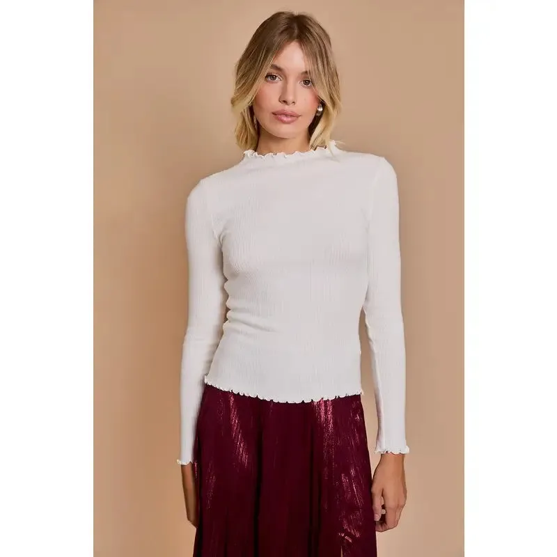 Long Sleeve Lettuce Hem Mock Neck Top