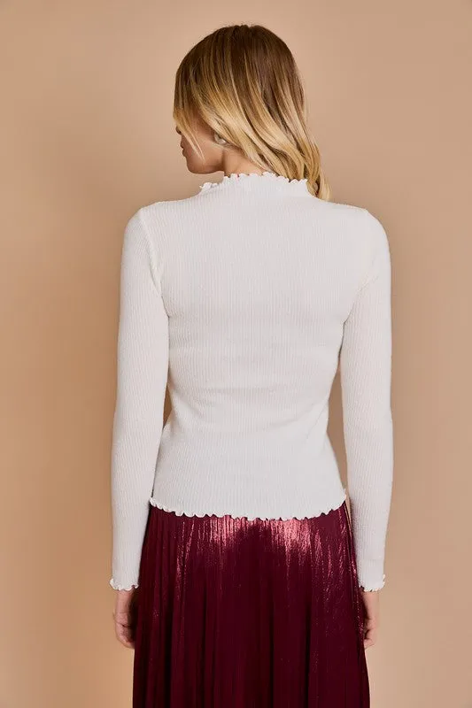 Long Sleeve Lettuce Hem Mock Neck Top
