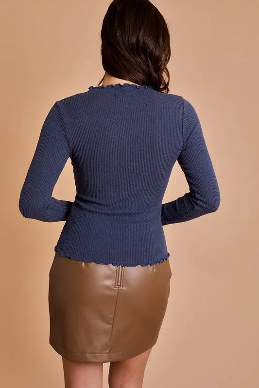 Long Sleeve Lettuce Hem Mock Neck Top