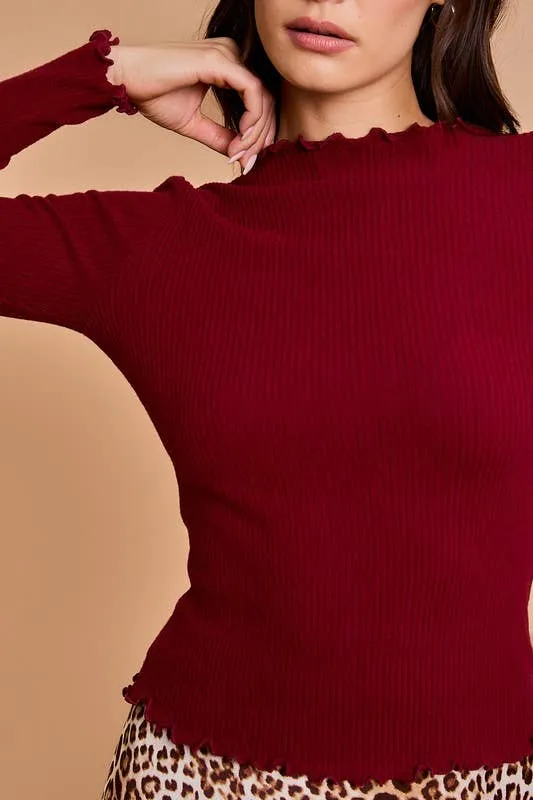 Long Sleeve Lettuce Hem Mock Neck Top