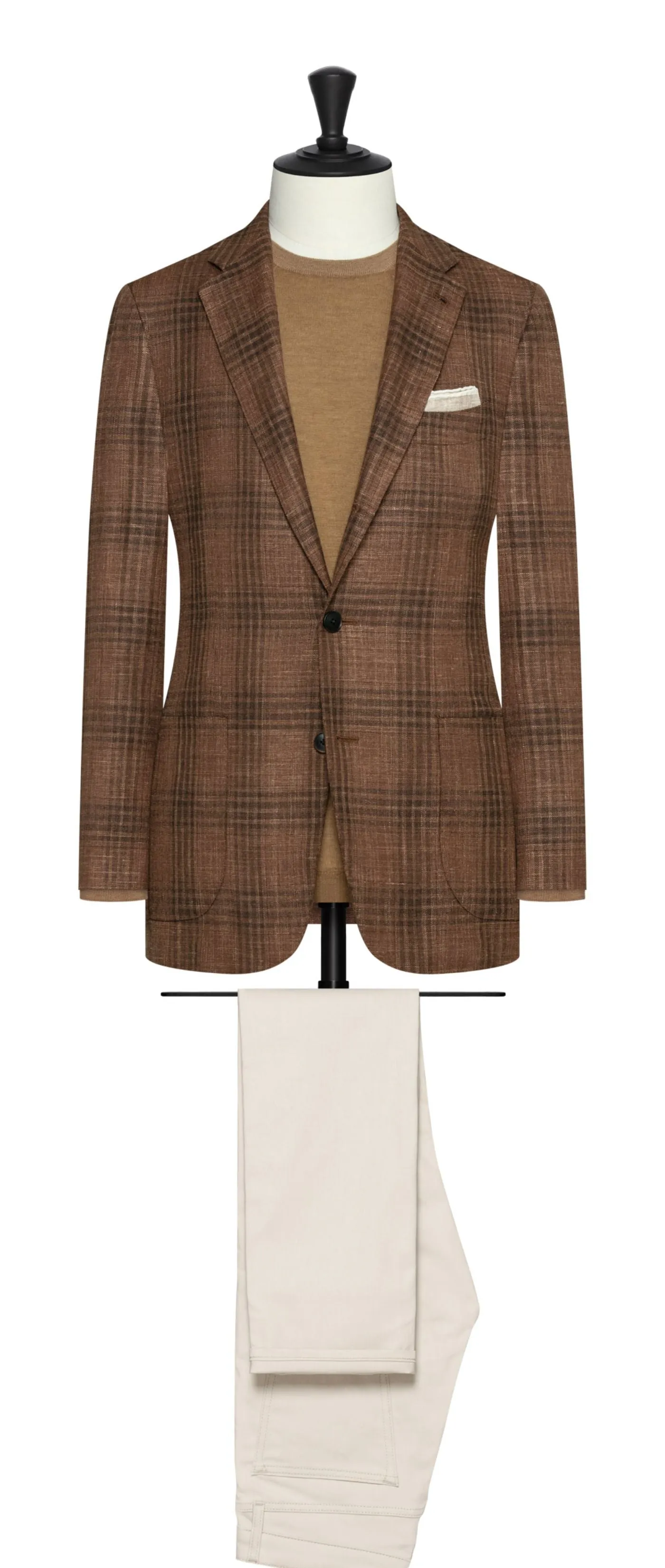 Loro Piana Rust Brown Stretch Wool, Silk & Linen with Brown Check