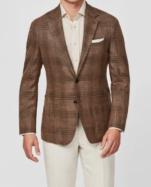 Loro Piana Rust Brown Stretch Wool, Silk & Linen with Brown Check