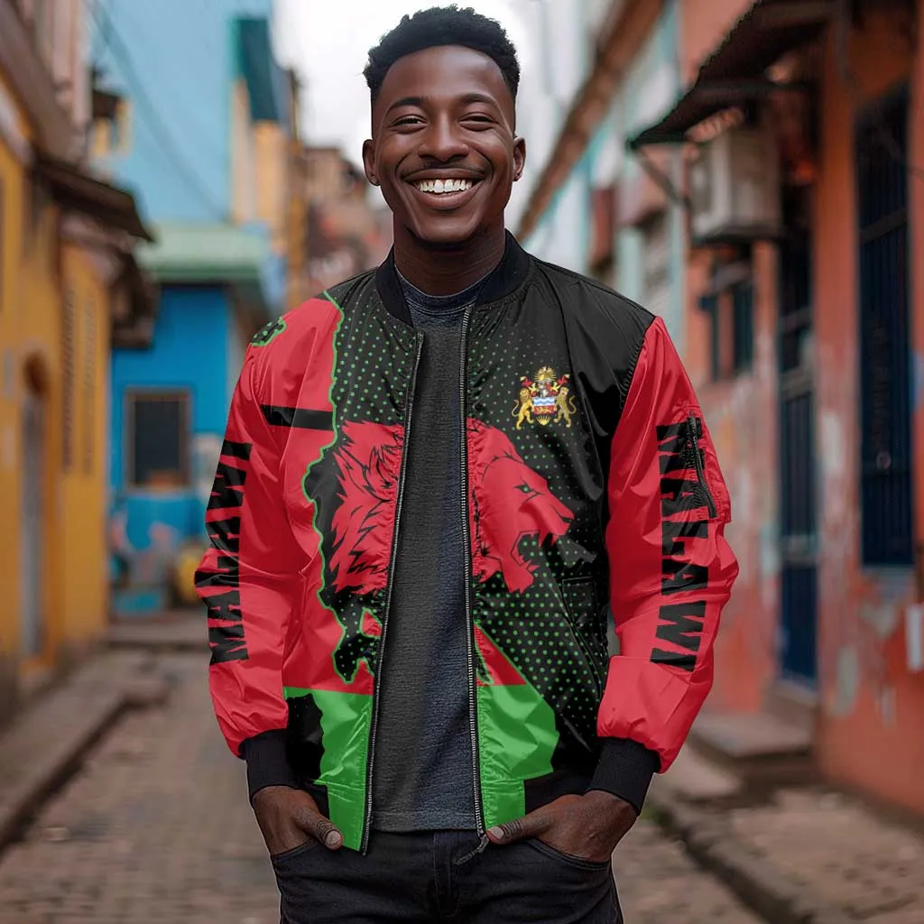 Malawi Lion Map Flag Sleeve Zip Bomber Jacket Wildlife Fusion Design TS04