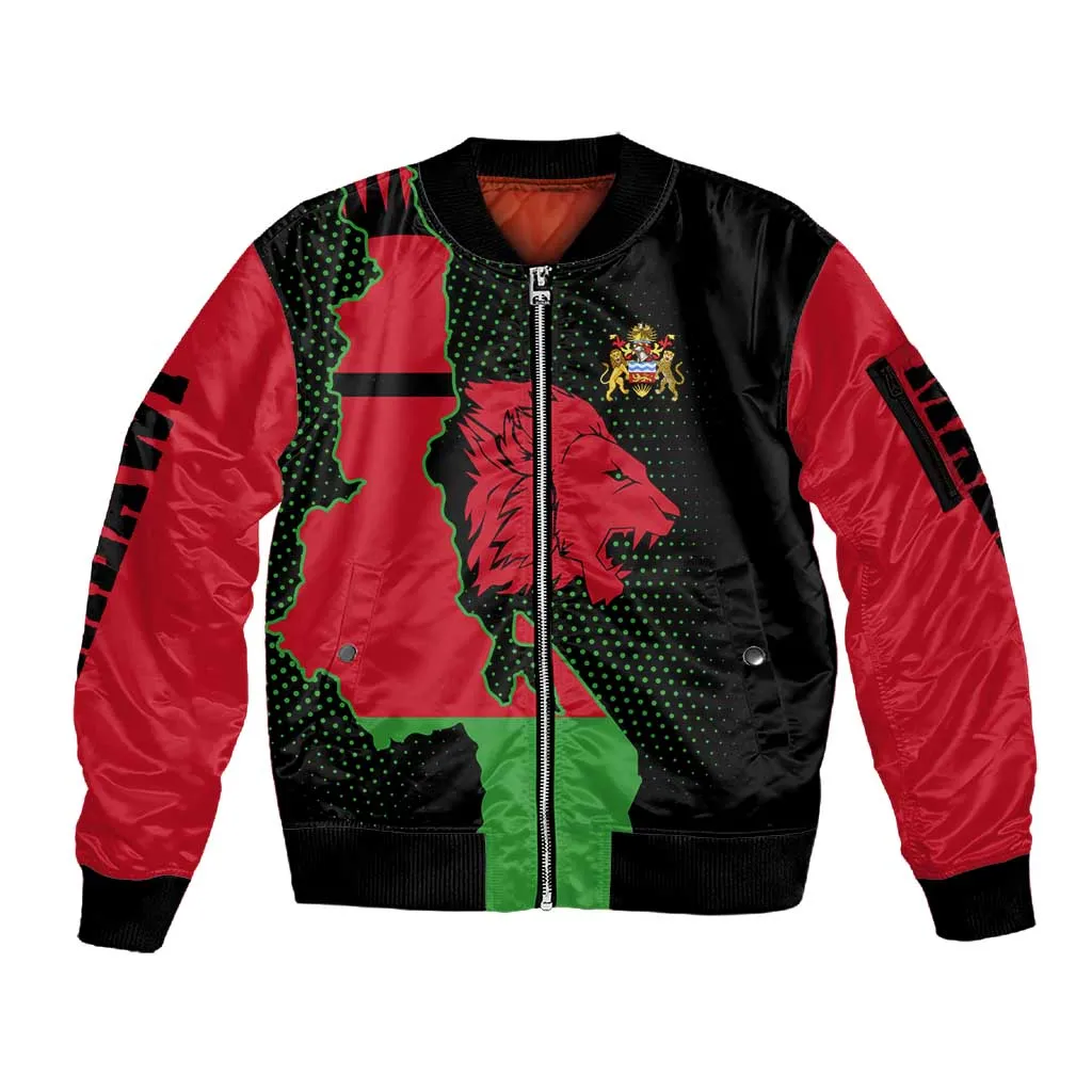 Malawi Lion Map Flag Sleeve Zip Bomber Jacket Wildlife Fusion Design TS04