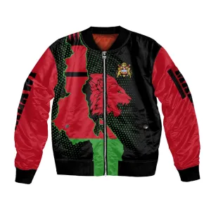 Malawi Lion Map Flag Sleeve Zip Bomber Jacket Wildlife Fusion Design TS04