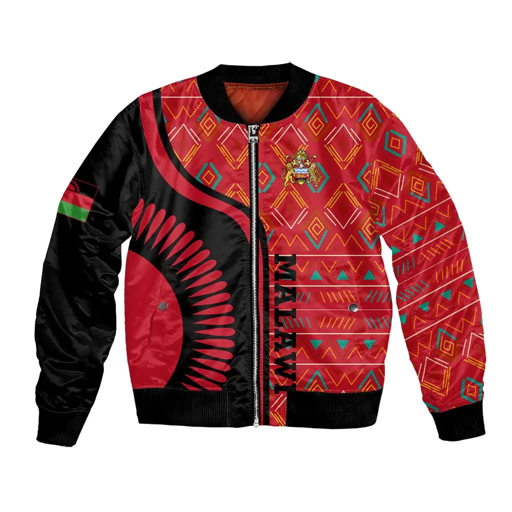 Malawi Patterns African Bomber Jacket Blended with Flag Colors and National Emblem TS04