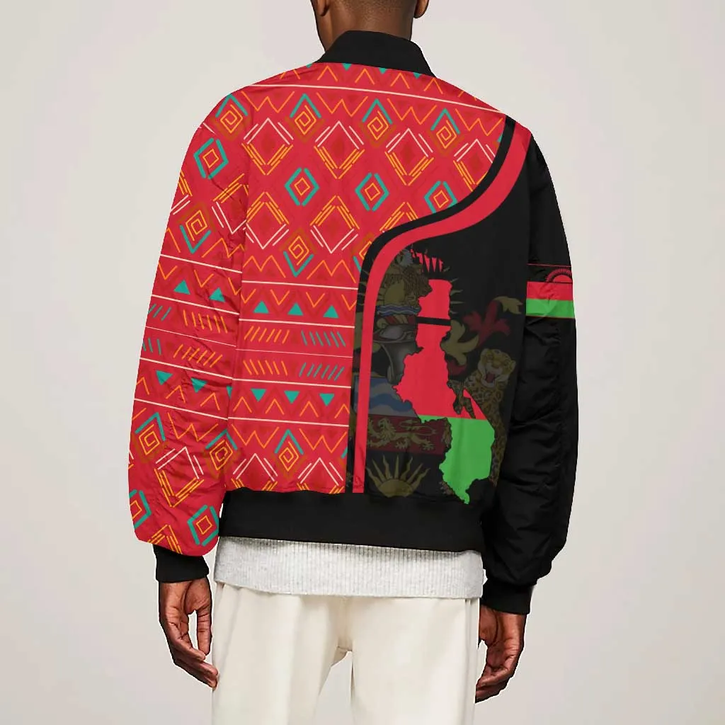 Malawi Patterns African Bomber Jacket Blended with Flag Colors and National Emblem TS04