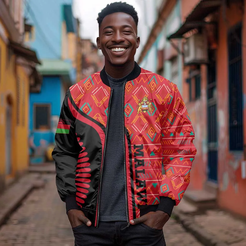 Malawi Patterns African Bomber Jacket Blended with Flag Colors and National Emblem TS04