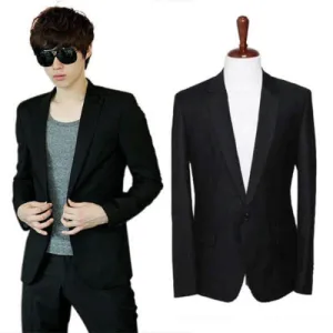 Men Slim Fit Stylish Casual One Button Suit Coat Jacket Business Blazer Black