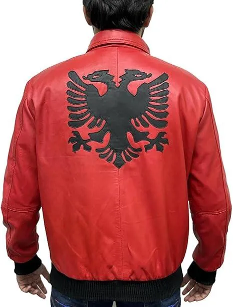 Mens Drakes Albanian Flag Red Leather Varsity Jacket