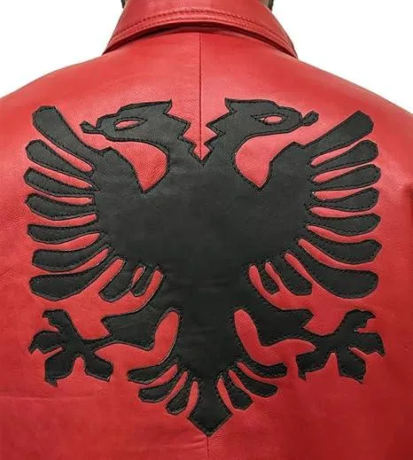 Mens Drakes Albanian Flag Red Leather Varsity Jacket