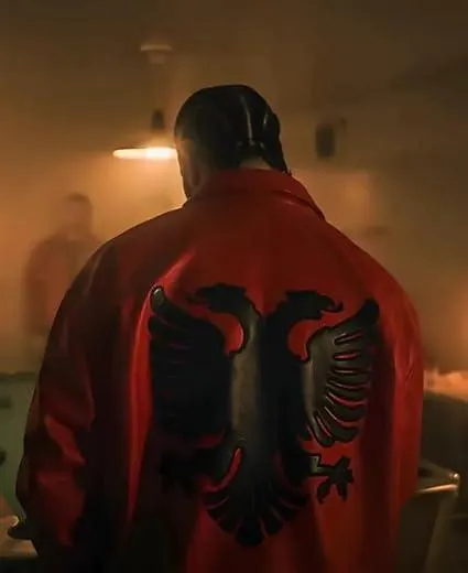 Mens Drakes Albanian Flag Red Leather Varsity Jacket