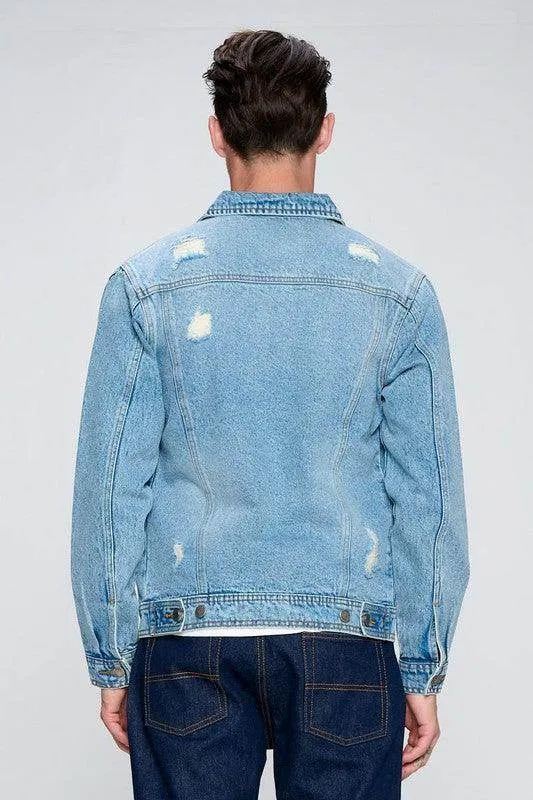 Mens Light Denim Blue Jean Jacket with Distressed