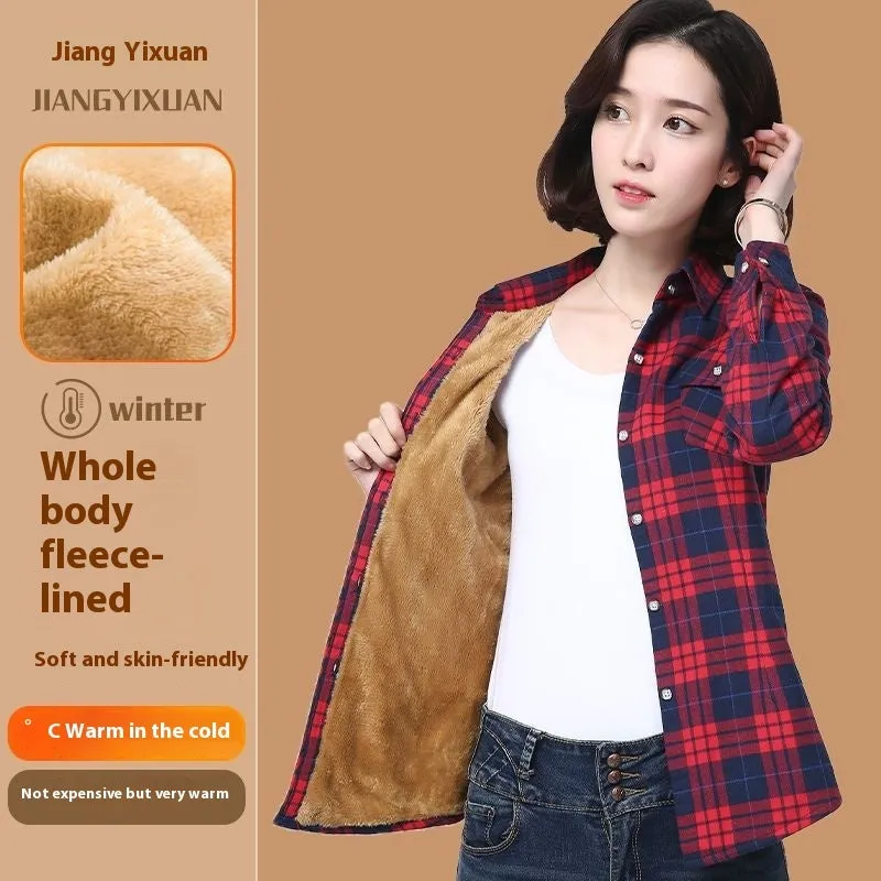 Middle-aged And Elderly Fleece-lined Thickened Cold Protection Plaid Long-sleeved Shirt