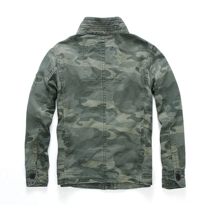 Military Denim Jacket Men Retro Camo Multi-pockets