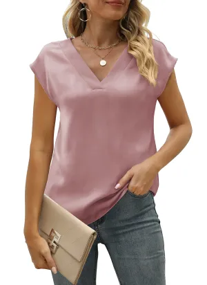 MIROL Women's Cap Sleeve Silk Tops V Neck Satin Blouse Solid Elegant Loose Fit Shirts Pink