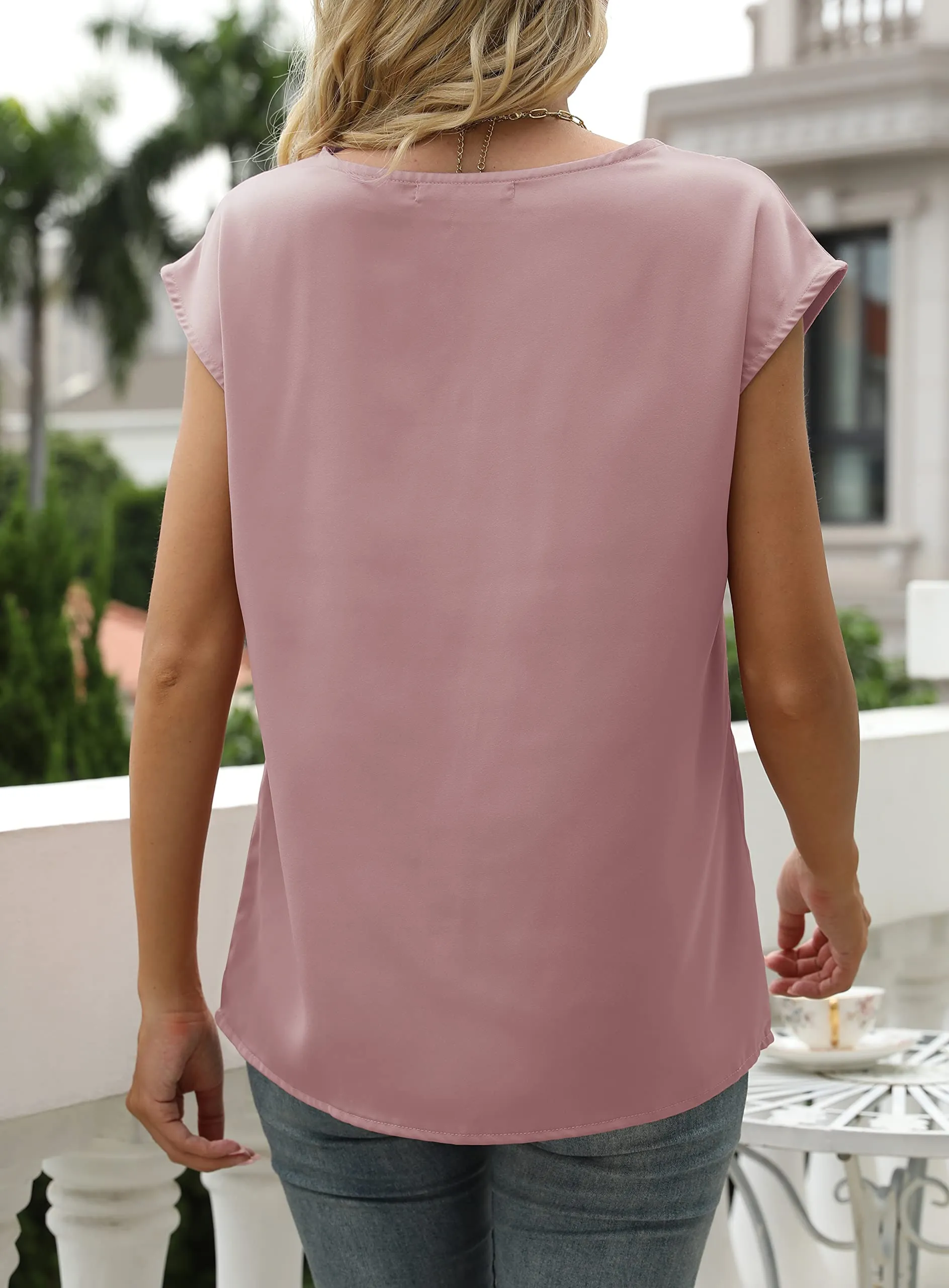 MIROL Women's Cap Sleeve Silk Tops V Neck Satin Blouse Solid Elegant Loose Fit Shirts Pink