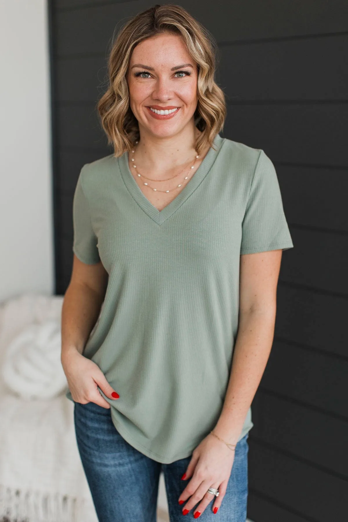 Miss You Already V-Neck Top- Sage