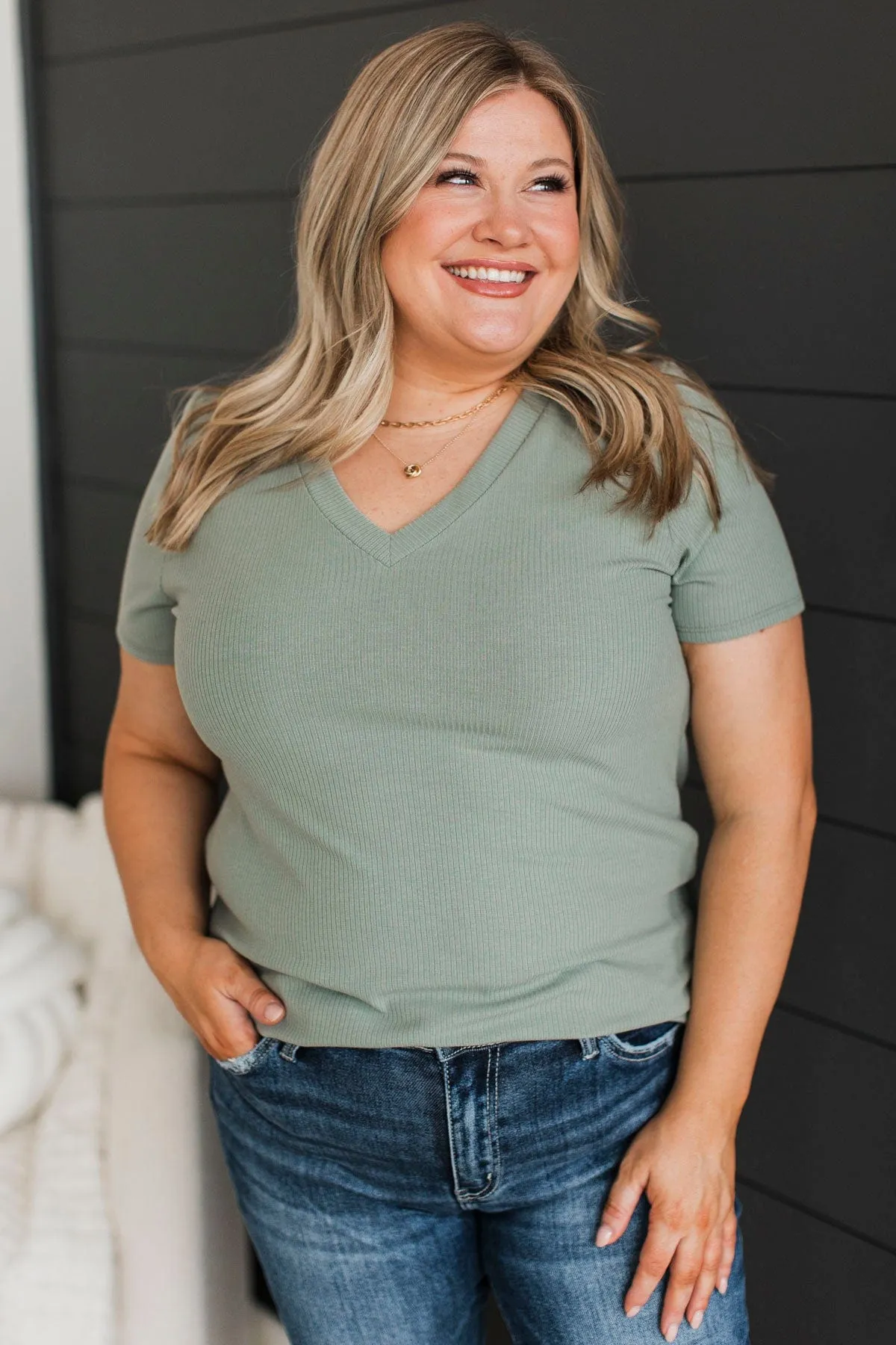 Miss You Already V-Neck Top- Sage