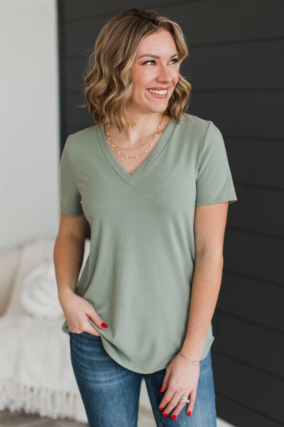 Miss You Already V-Neck Top- Sage