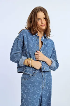 Molly Bracken Heart Embellished Shirt Style Denim Jacket