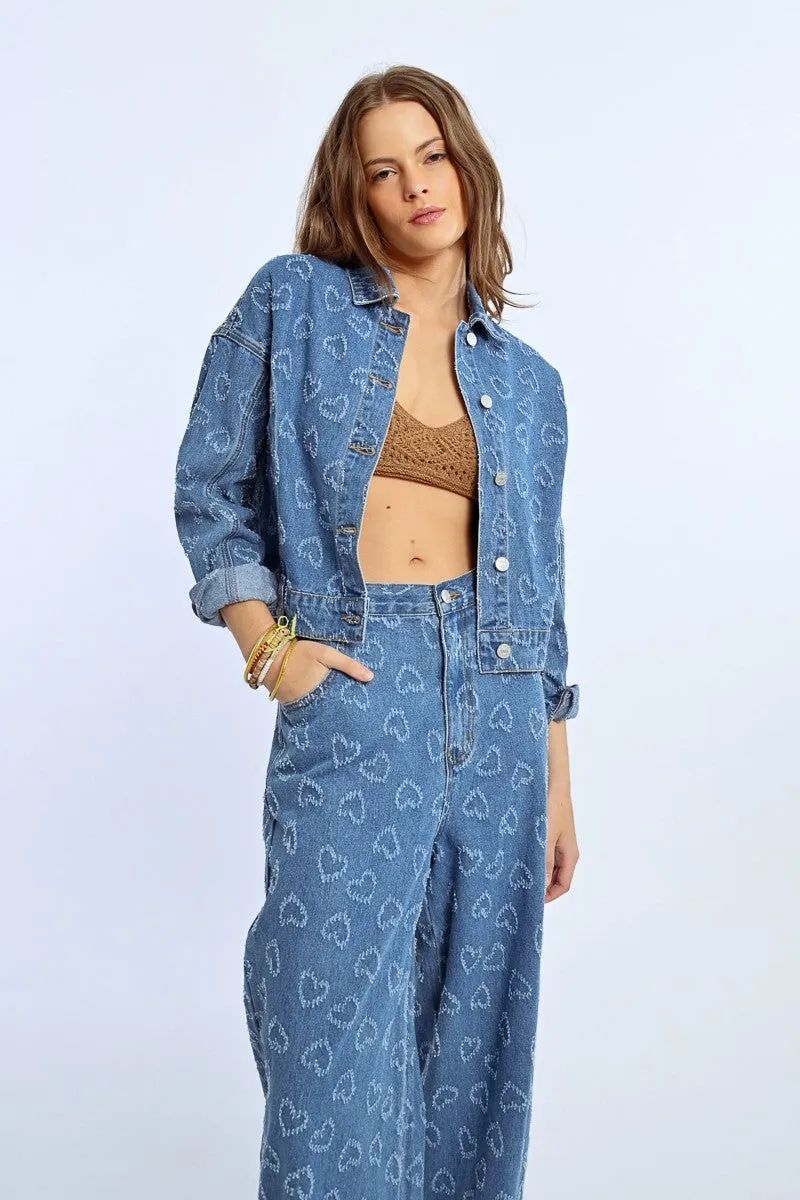 Molly Bracken Heart Embellished Shirt Style Denim Jacket