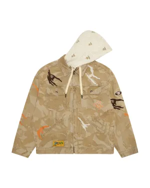 Moonface logo camo hooded denim jacket