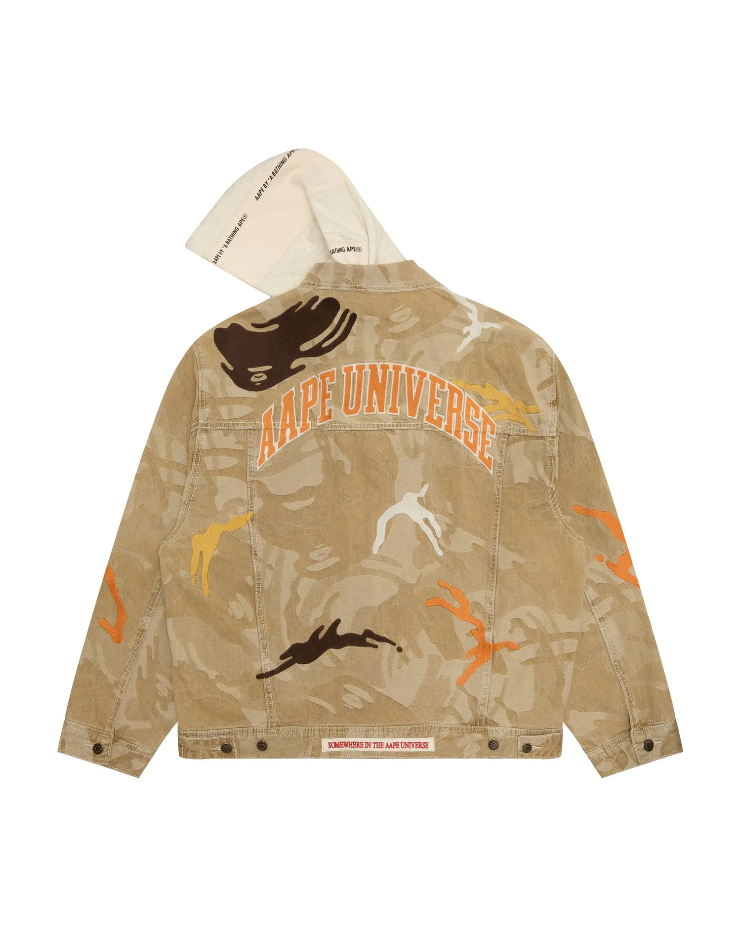 Moonface logo camo hooded denim jacket