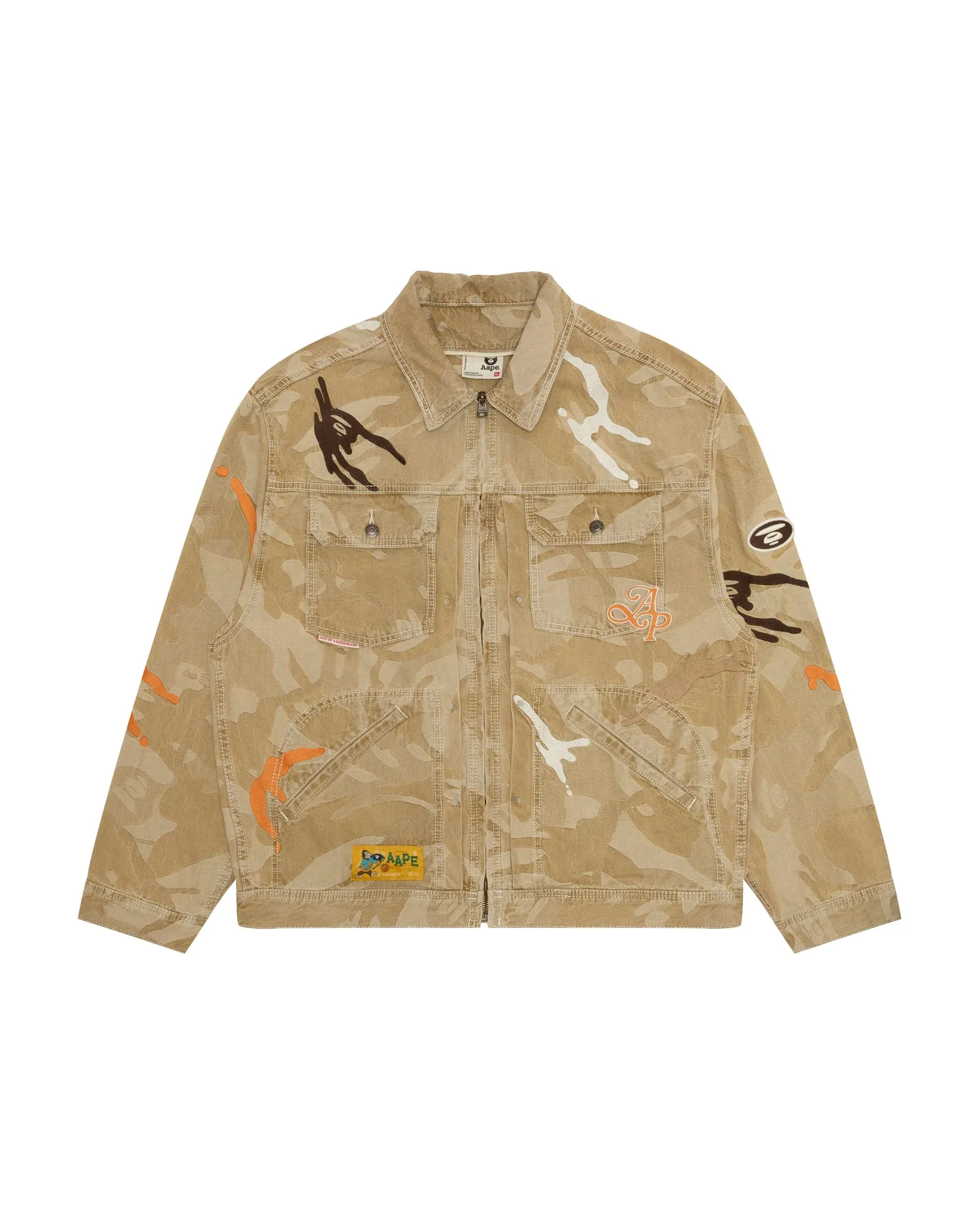 Moonface logo camo hooded denim jacket