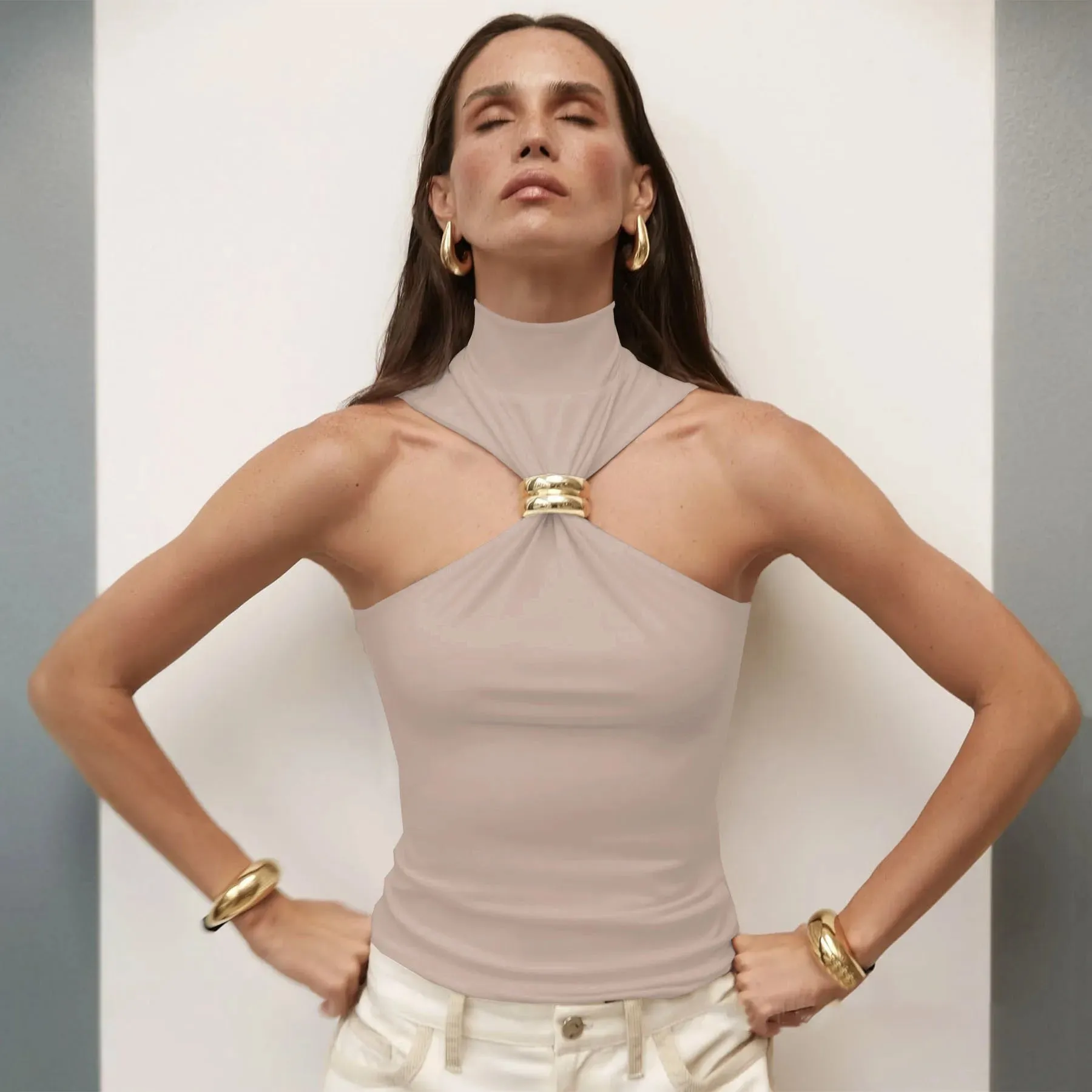 Mozision Turtleneck Basic Knit Tank Tops Women Vest Pullovers Metal Ring Camisole Sleeveless Skinny Knitted Tops Y2K Cropped Top