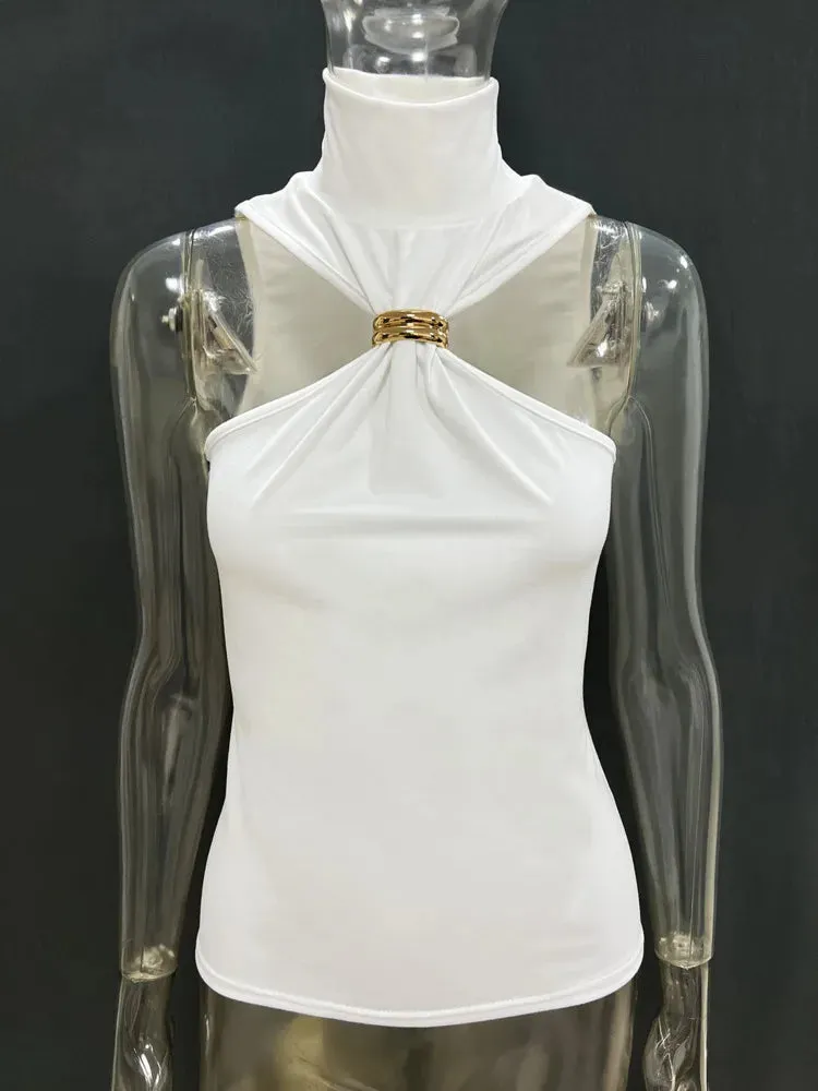 Mozision Turtleneck Basic Knit Tank Tops Women Vest Pullovers Metal Ring Camisole Sleeveless Skinny Knitted Tops Y2K Cropped Top